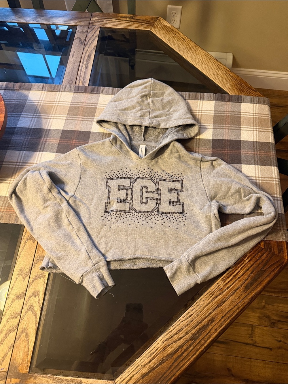 Bella Canvas Gray Cropped Hoodie with ECE Rhinestone Design